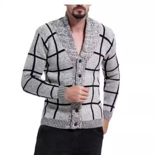 Herren modische Strickjacke mit V-Ausschnitt und modernem Karomuster Drune