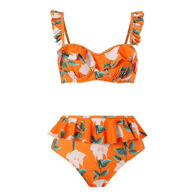Damen Bikini-Set mit floralem Rüschendesign und elegantem Wickelrock Drune