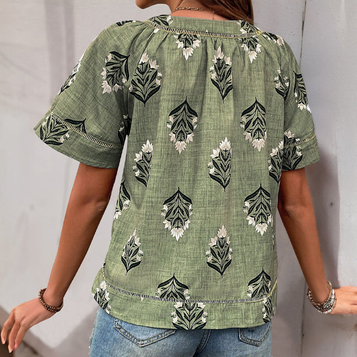Damen lässige Bluse mit floralen Mustern und V-Ausschnitt Drune