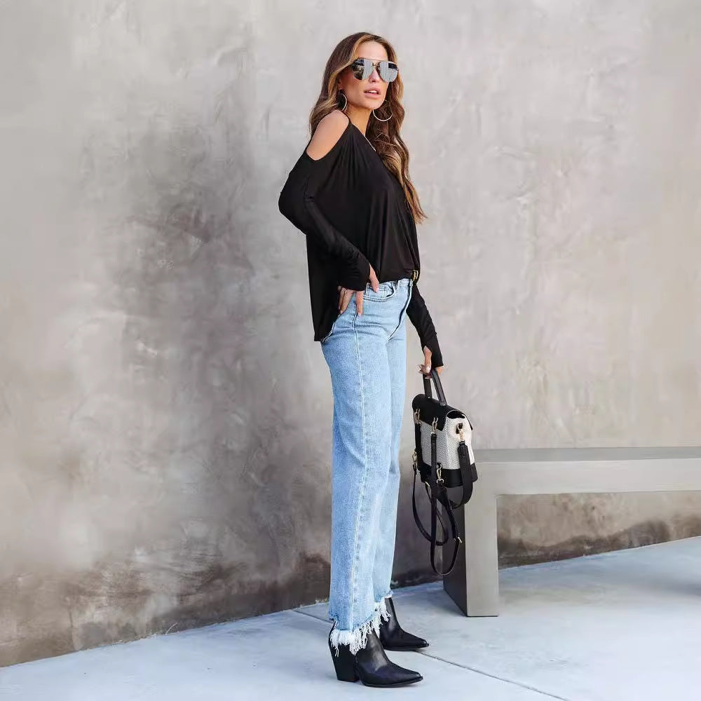 Damen lässiges Longsleeve Shirt mit Schlitzen Drune