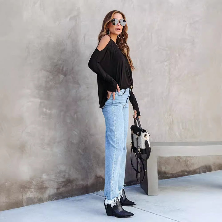 Damen lässiges Longsleeve Shirt mit Schlitzen Drune