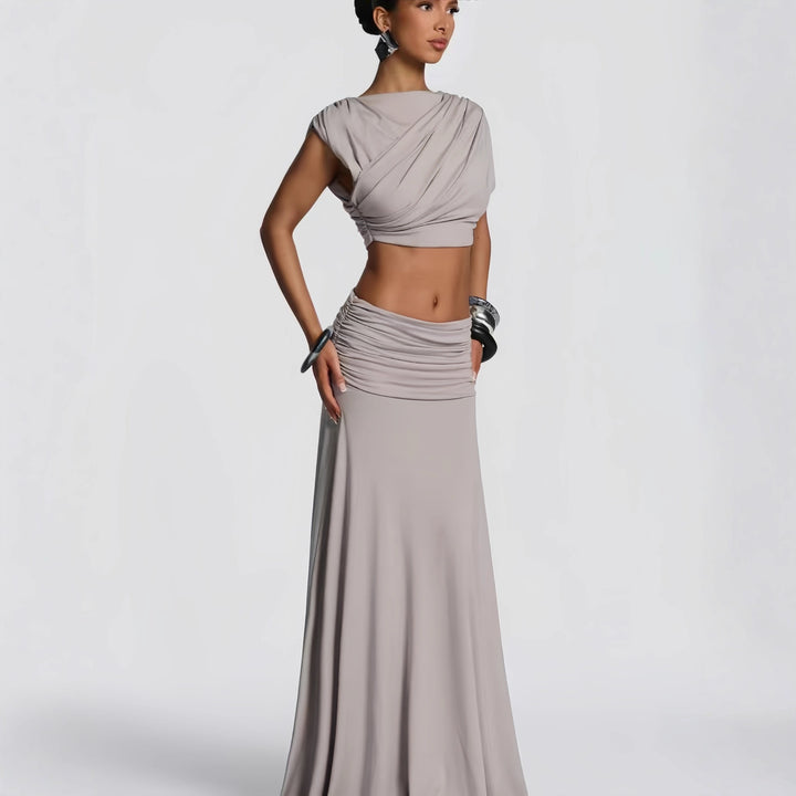 Damen Elegantes Wickelkleid mit drapiertem Oberteil und fließendem Rock Drune