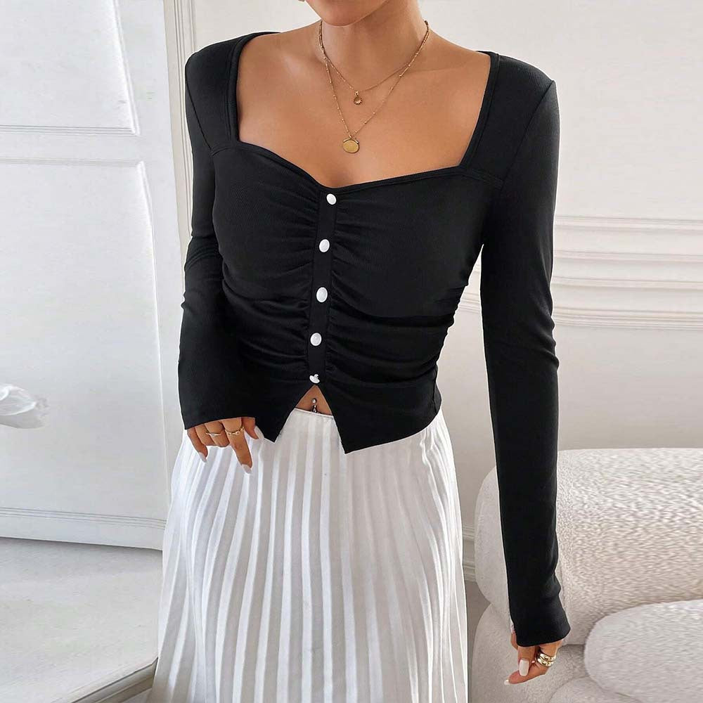Damen langärmliges Crop-Top mit dekorativem Knopfdetail und gerafftem Design Drune