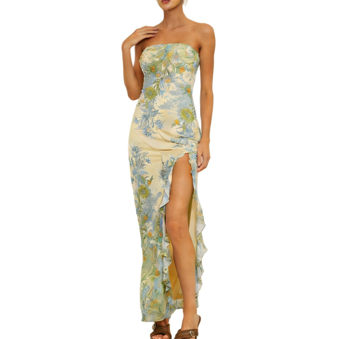 Damen Strapless Maxikleid mit Rüschen und floralem Muster Drune