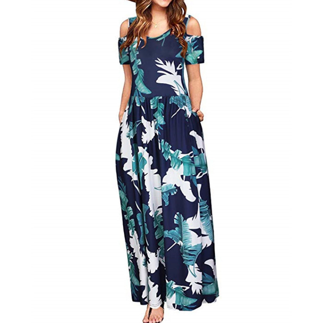 Damen Maxikleid mit schulterfreier Optik und buntem Blattmuster Drune