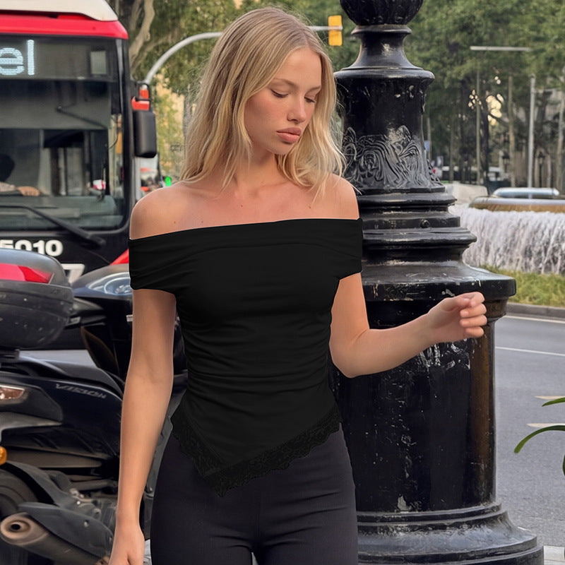 Damen Off-Shoulder Oberteil mit filigranem Spitzendetail und lässigem Schnitt Drune