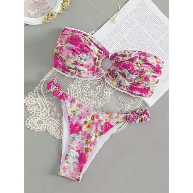 Damen Bandeau-Bikini mit romantischem Rüschendesign und verführerischem Blumenmuster Drune