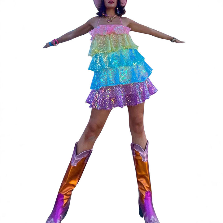 Damen luftiges Sommerkleid mit buntem Paillettenmuster Drune