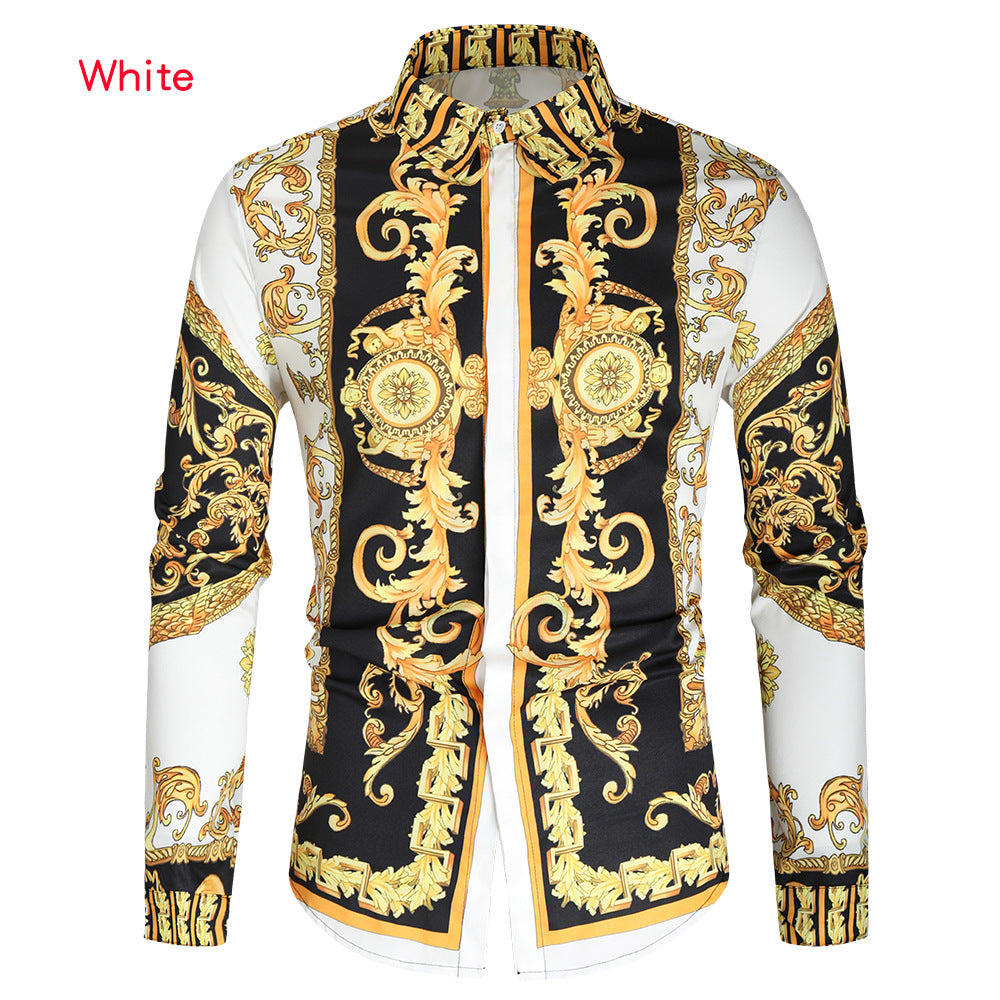 Herren nan barockes Langarm-Hemd mit ornamentalem Druck, Kentkragen und tailliertem Schnitt Drune