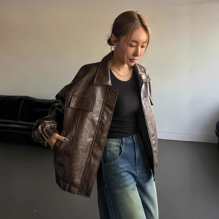Damen Lässige oversized Kunstlederjacke mit praktischen Taschen Drune