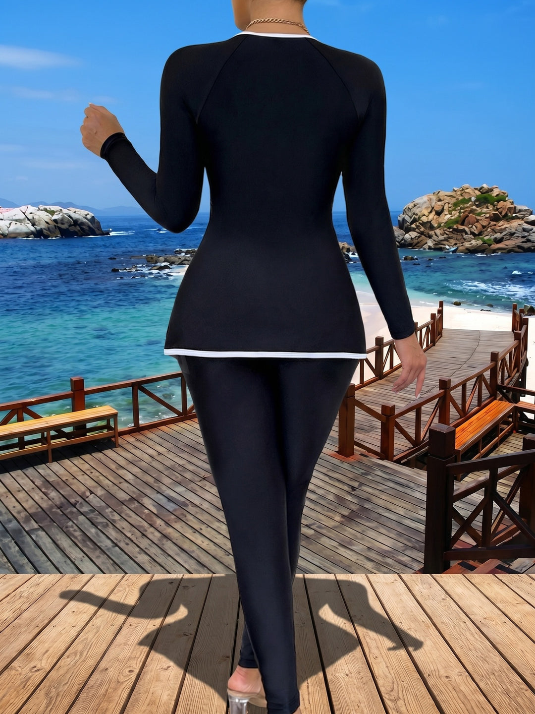 Damen Sportlicher Schwimmanzug mit langem Arm und Wickeloptik Drune