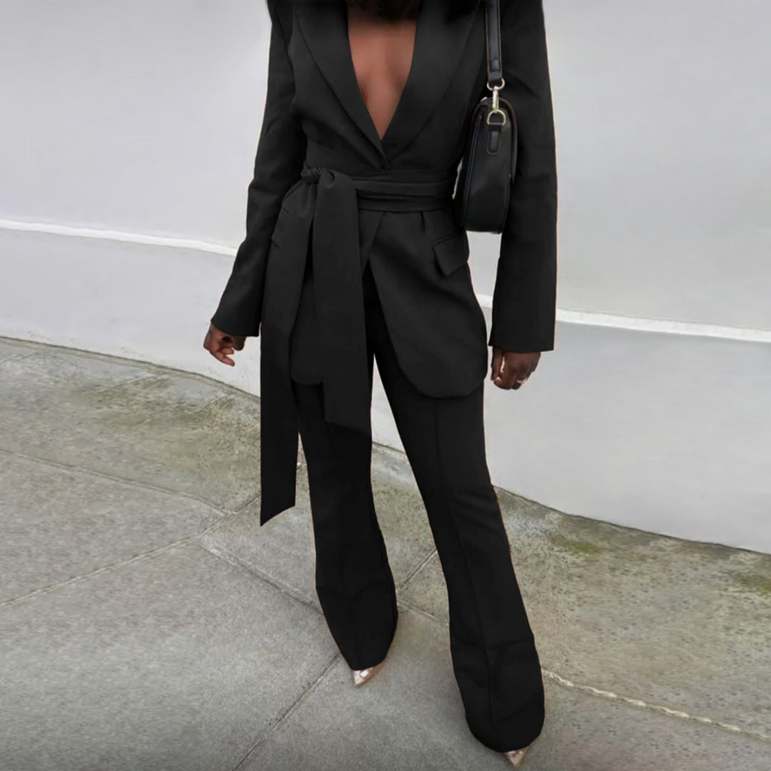 Damen Elegantes Blazer und Hose Ensemble mit Taillengürtel Drune