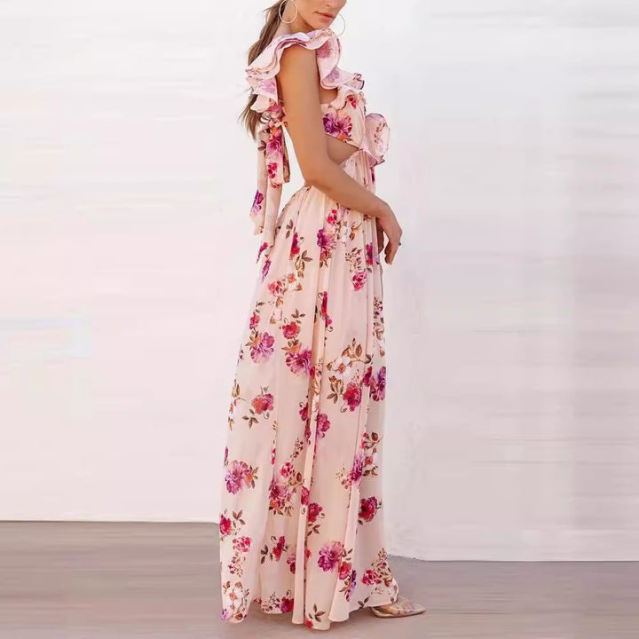 Damen Elegantes Maxikleid mit Rüschendetails und floralem Design Drune