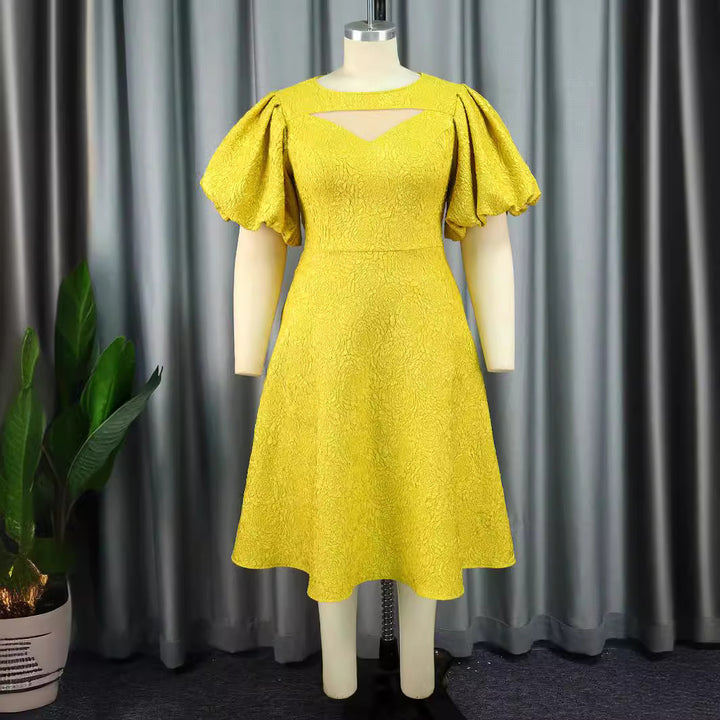 Damen Midi-Kleid mit voluminösen Puffärmeln und dekorativem Ausschnitt Drune