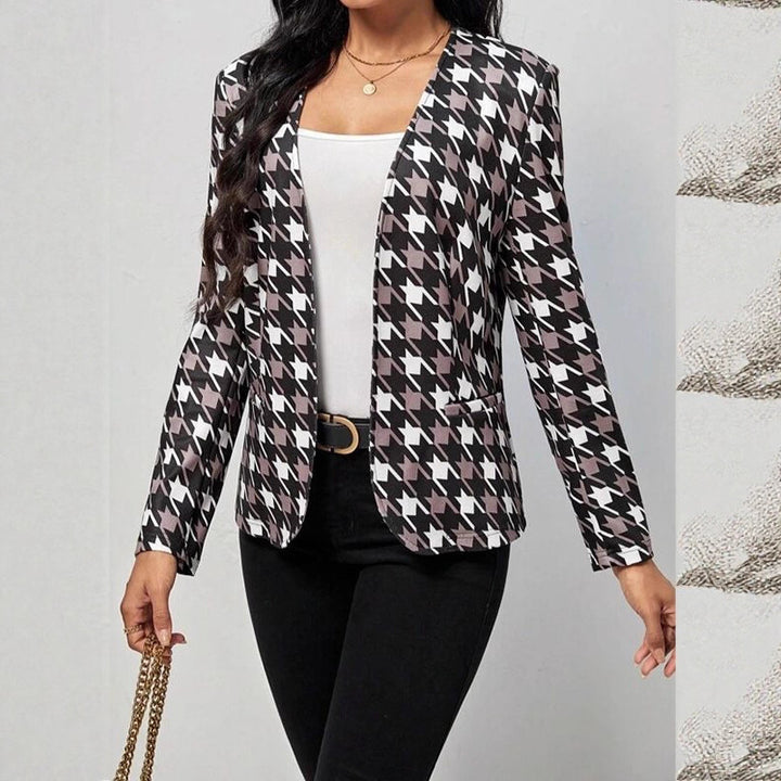 Damen modische Blazerjacke mit auffälligem Hahnentritt-Muster und taillierter Passform Drune