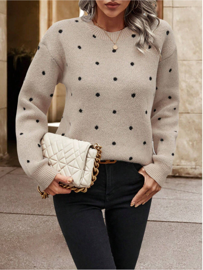 Damen lässiger Strickpullover mit modernem Pünktchenmuster und Rundhalsausschnitt Drune