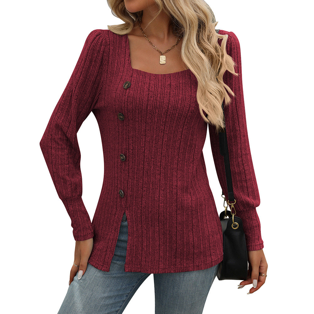 Damen Strickoberteil mit quadratischem Ausschnitt und Knopfdetails Drune