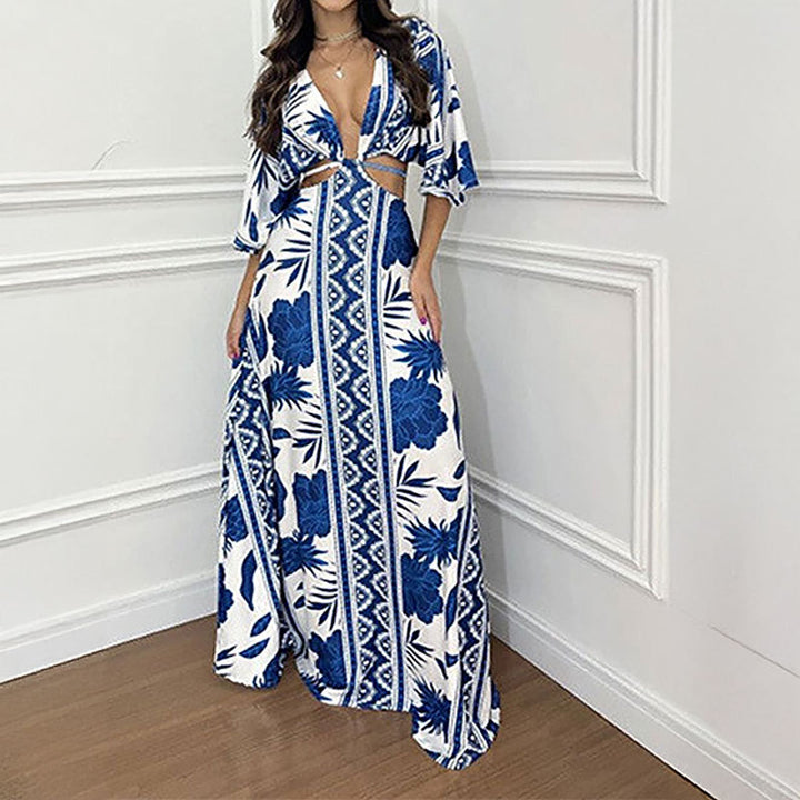 Damen Maxi-Kleid mit tiefem V-Ausschnitt und Wellenmuster Drune