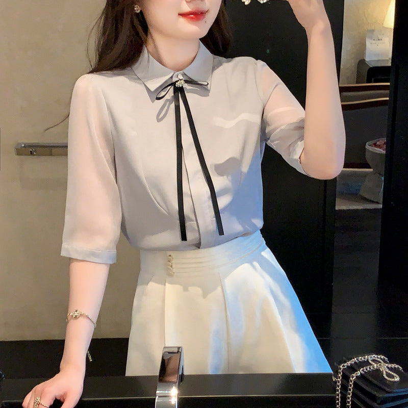 Damen Bluse mit dekorativem Kragen und transparenten Ärmeln Drune