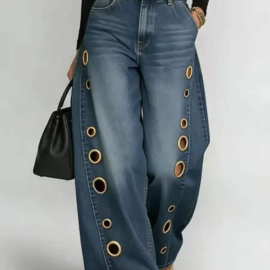 Damen Weit geschnittene Jeans mit dekorativen Ösen und hohem Bund Drune