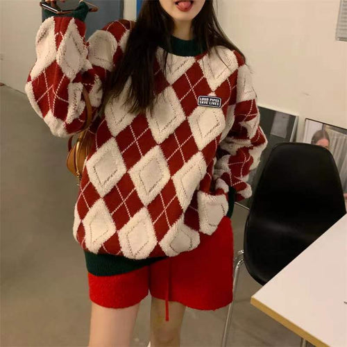 Damen Flauschiger Pullover mit modernem Rhombenmuster und lässigem Schnitt Drune