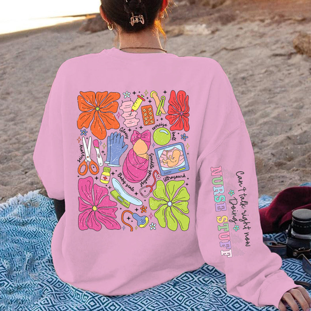 Damen Sweatshirt mit buntem Grafikdesign und originellem Pflege-Motiv Drune