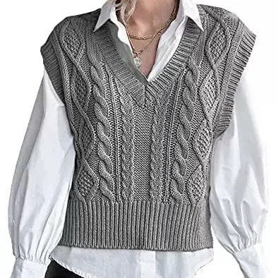Damen Strickpullover im Vintage-Look mit V-Ausschnitt und Zopfmuster Drune