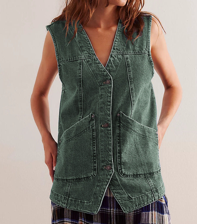 Damen Denim-Latzjacke mit praktischen Taschen und modischem V-Ausschnitt Drune