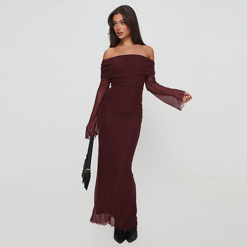 Damen figurbetontes Maxikleid mit schulterfreiem Design und Rüschendetails Drune