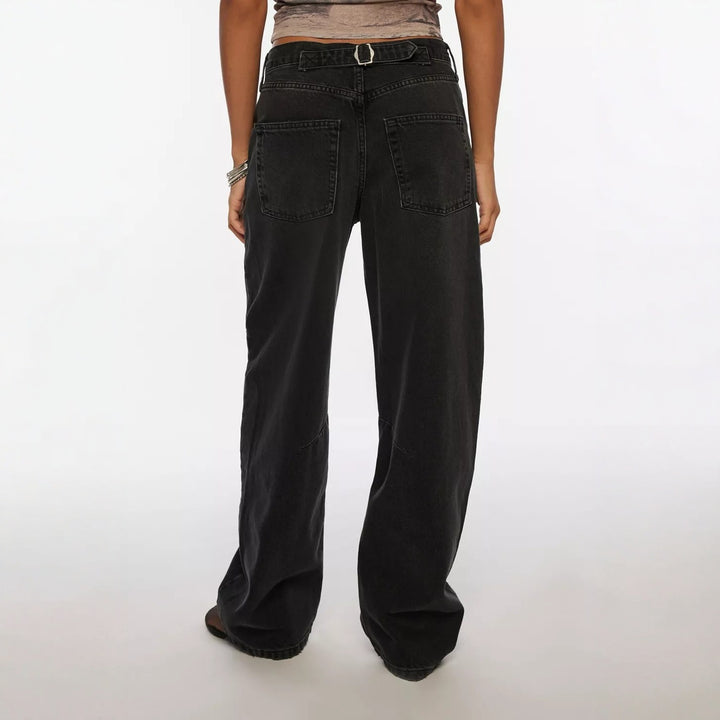 Damen lässige weite Jeans mit hoch geschnittenem Bund und seitlichen Taschen Drune