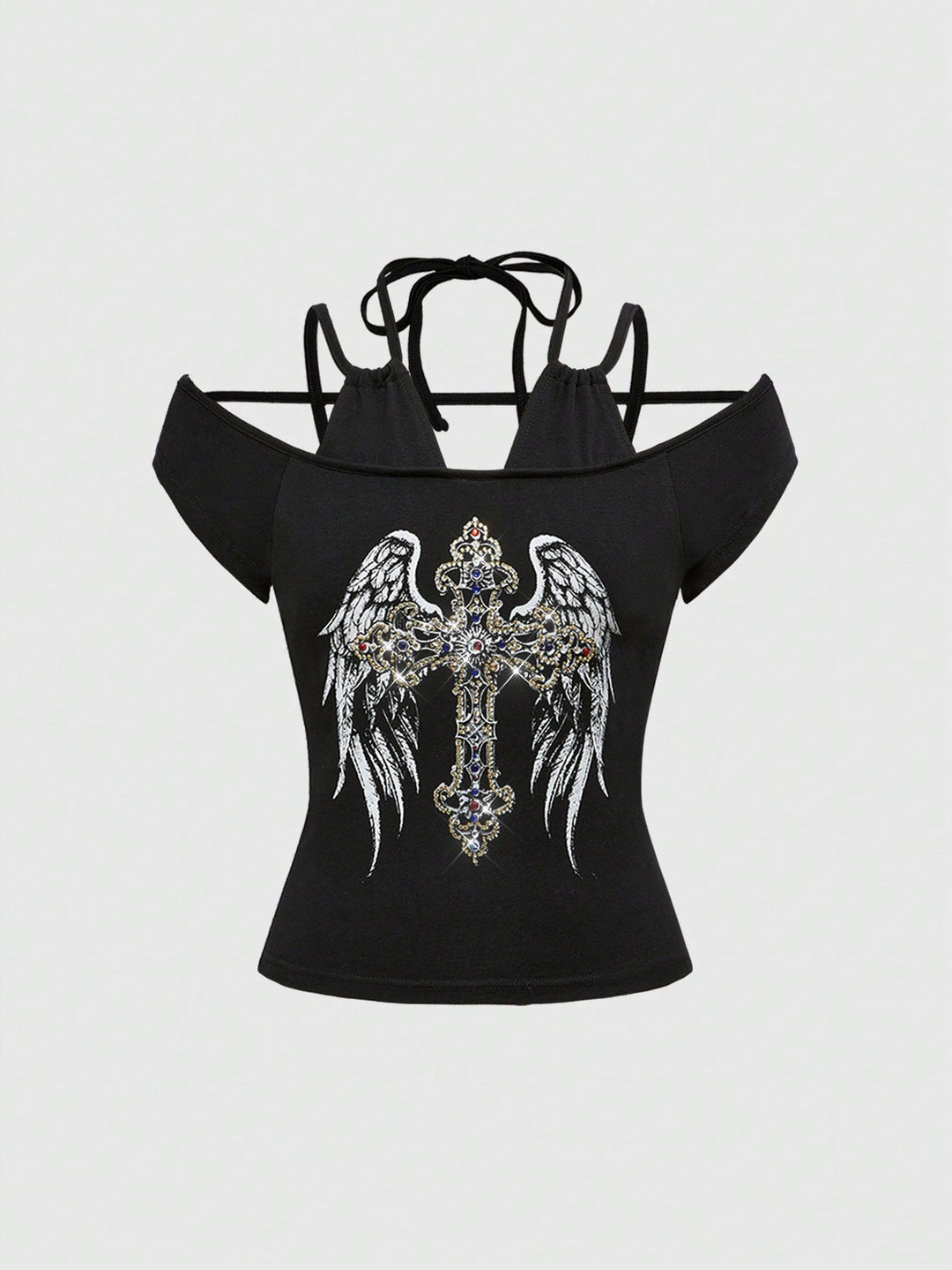 Damen Off-Shoulder Top mit funkelndem Kreuz-Design Drune
