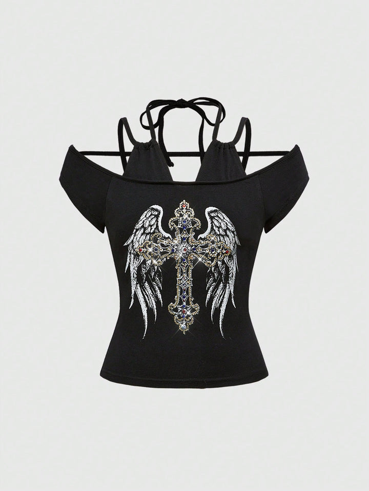 Damen Off-Shoulder Top mit funkelndem Kreuz-Design Drune