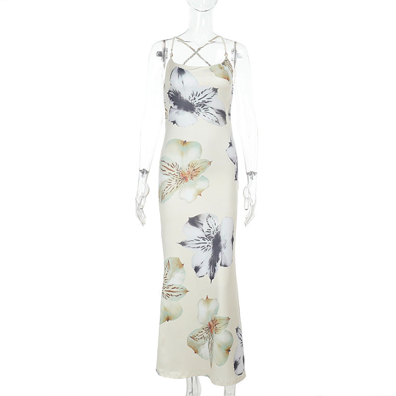 Damen Maxikleid mit zartem Blumenmuster und feinen Spaghetti-Trägern Drune