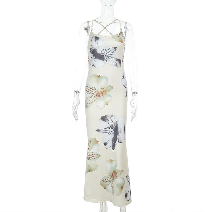 Damen Maxikleid mit zartem Blumenmuster und feinen Spaghetti-Trägern Drune
