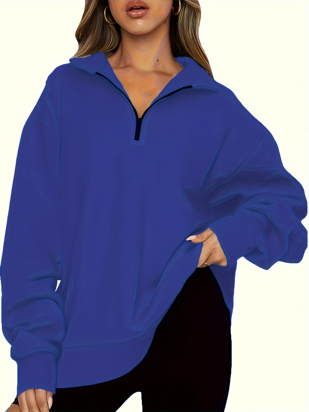 Damen nan Oversized Sweatshirt mit Kurzreißverschluss, Stehkragen und Kängurutasche Drune