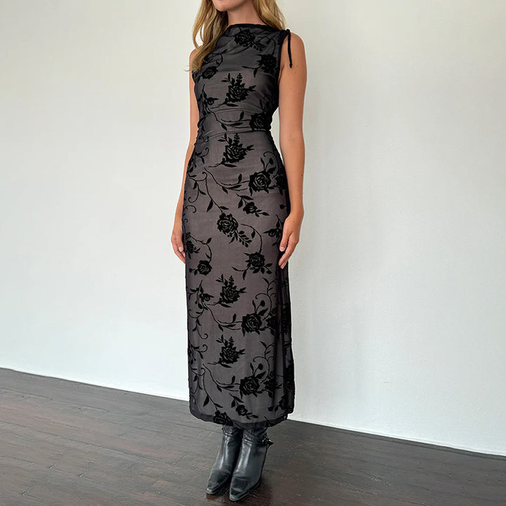 Damen Maxikleid mit floraler Spitzenverzierung und figurbetonter Silhouette Drune