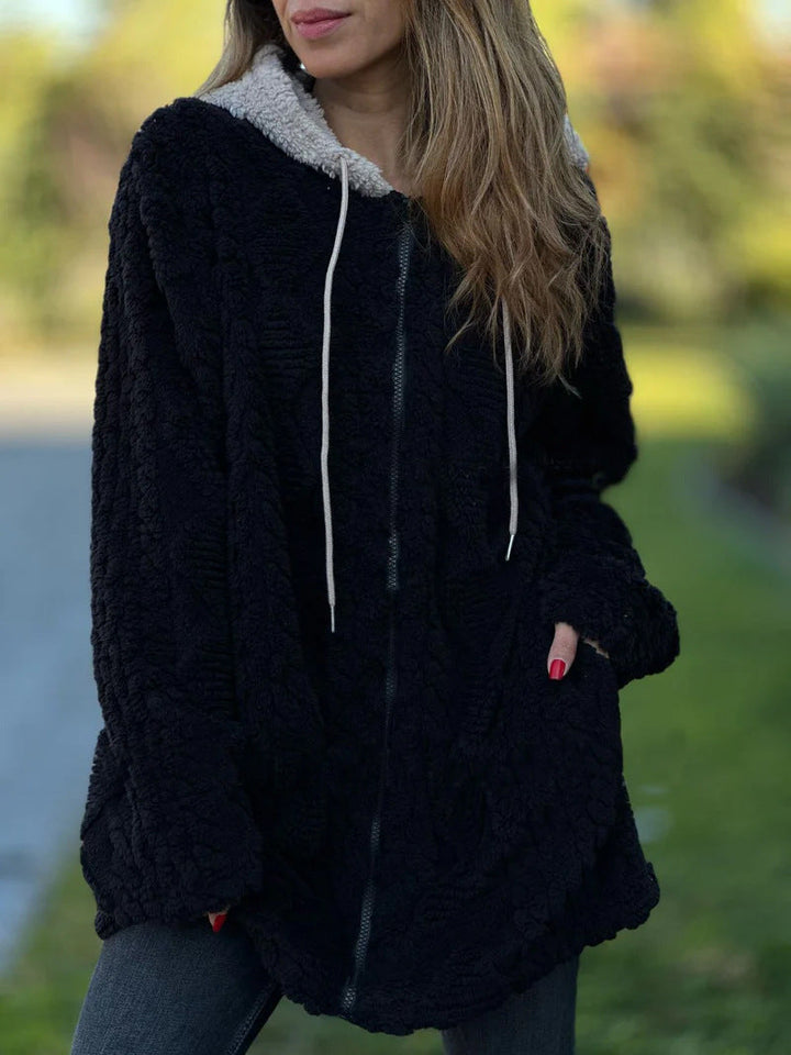 Drune | Lange Weinlese Kapuzen Fell Reißverschluss Gestrickte Jacke