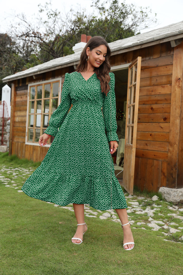 Damen Midikleid mit floralen Punkten und schwingendem Rock Drune