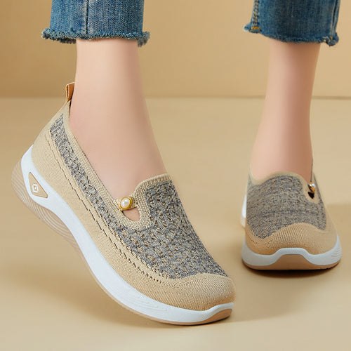 Damen nan atmungsaktive gestrickte Slip-On Slipper mit Perlenapplikation und stoßdämpfender EVA-Sohle Drune