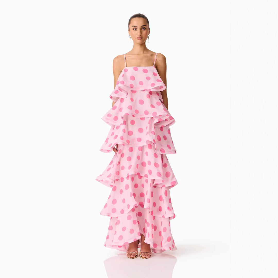Damen Maxikleid mit verspielten Rüschen und Punkten Drune