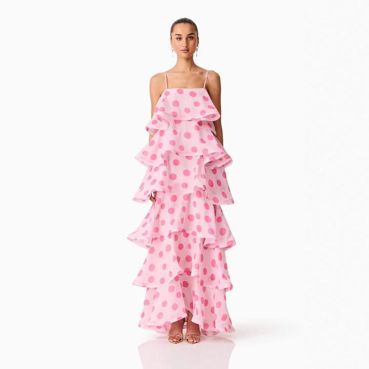 Damen Maxikleid mit verspielten Rüschen und Punkten Drune