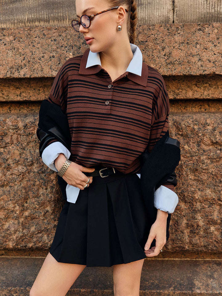 Damen Gestreifter Polo-Pullover mit Knopfleiste und langem Schnitt Drune