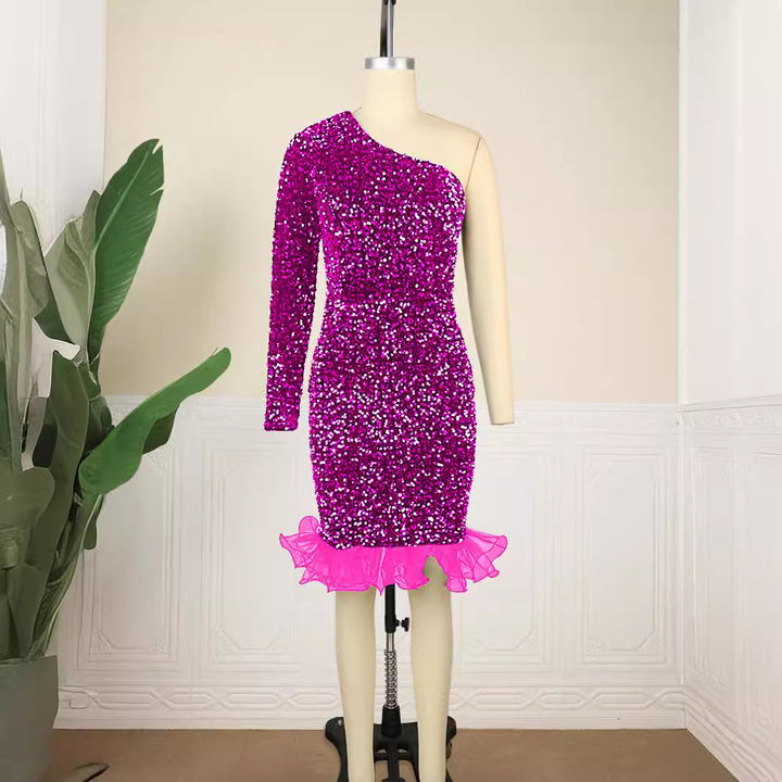 Damen Glamouröser Abendkleid mit funkelnden Pailletten und Rüschenabschluss Drune