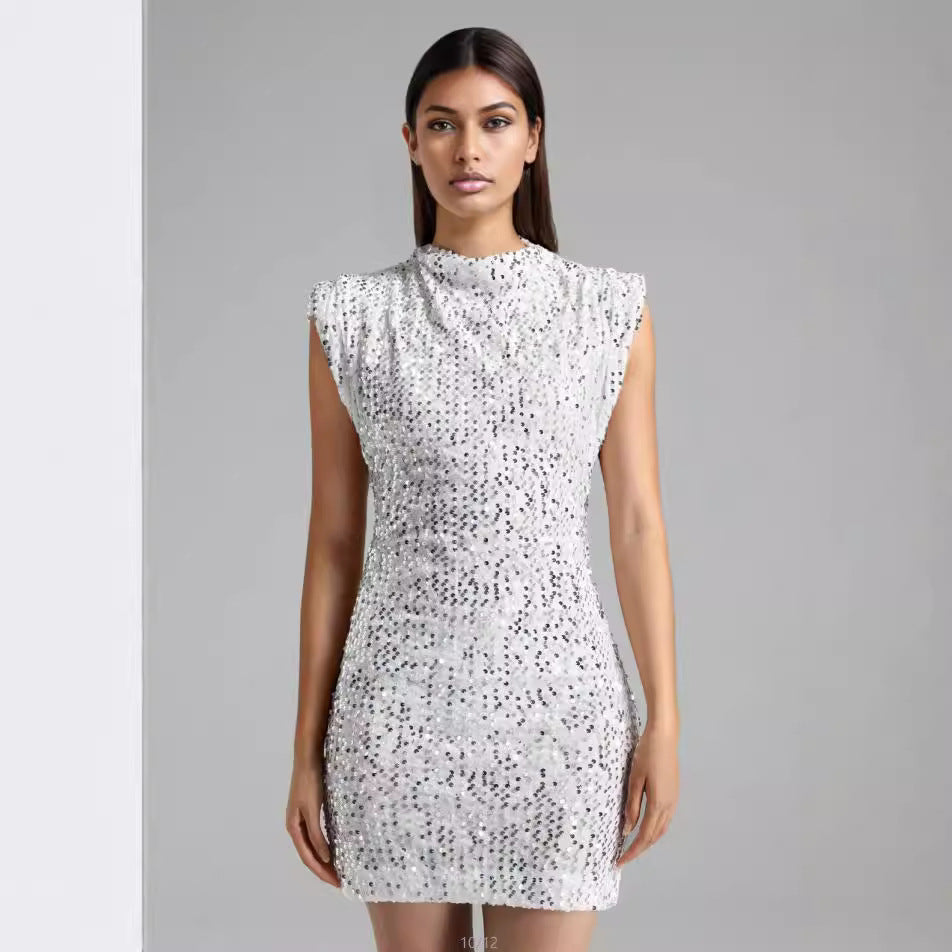 Damen Glitzerndes Minikleid mit elegantem Stehkragen und schimmernden Pailletten Drune