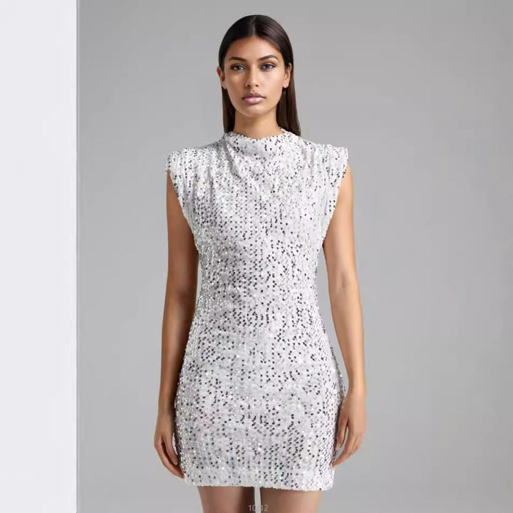 Damen Glitzerndes Minikleid mit elegantem Stehkragen und schimmernden Pailletten Drune