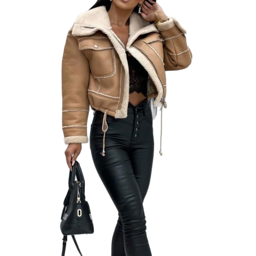 Damen Short Lederjacke mit warmem Fleece-Futter Drune