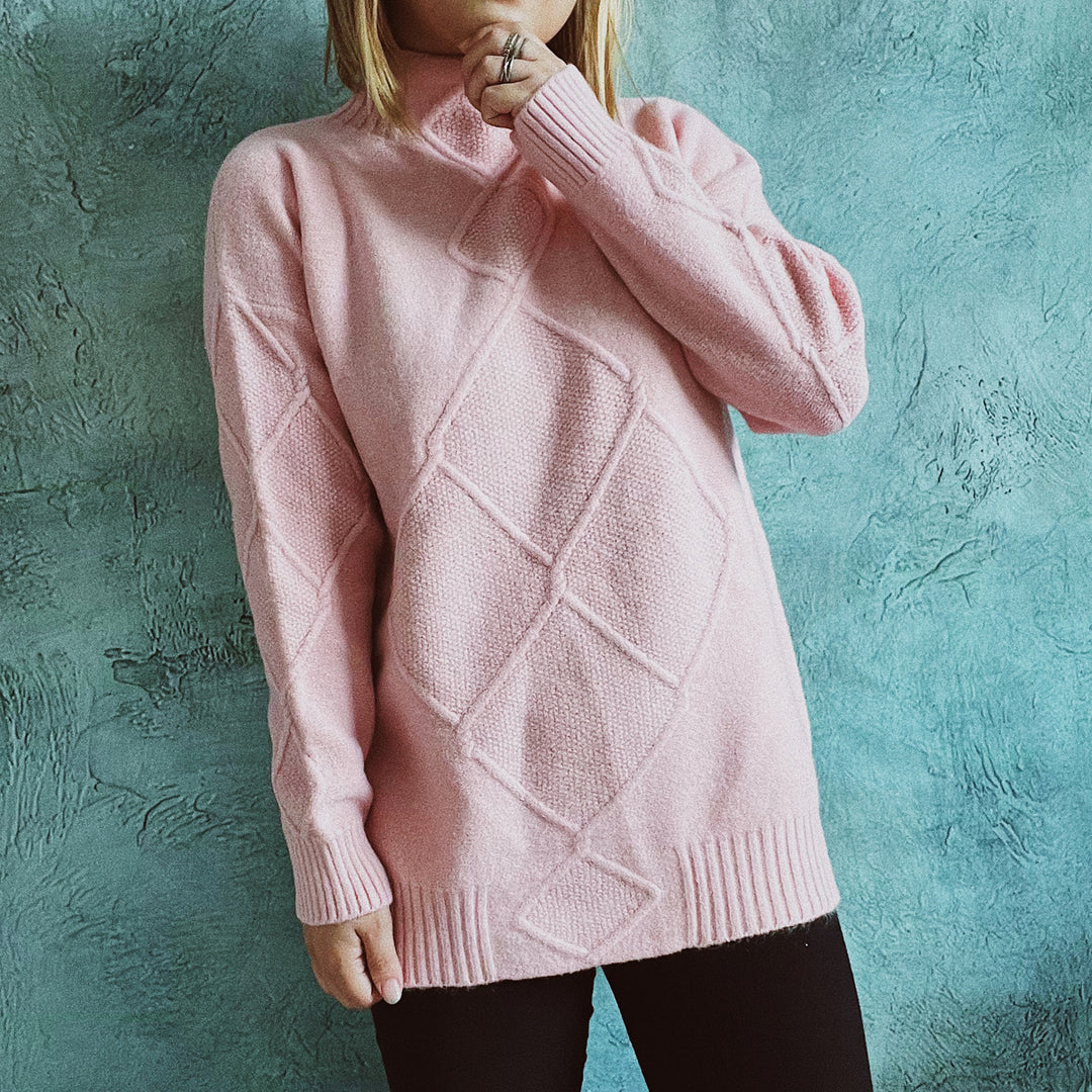 Damen Grobstrickpullover mit elegantem Rautenmuster und hohem Kragen Drune