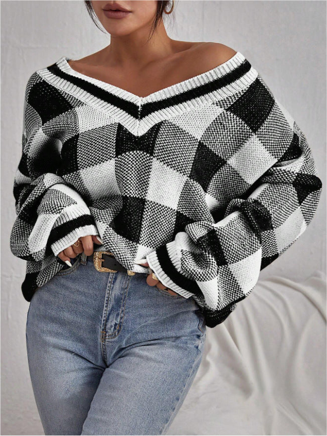 Damen Off-Shoulder Pullover im Karomuster mit langen Ärmeln Drune