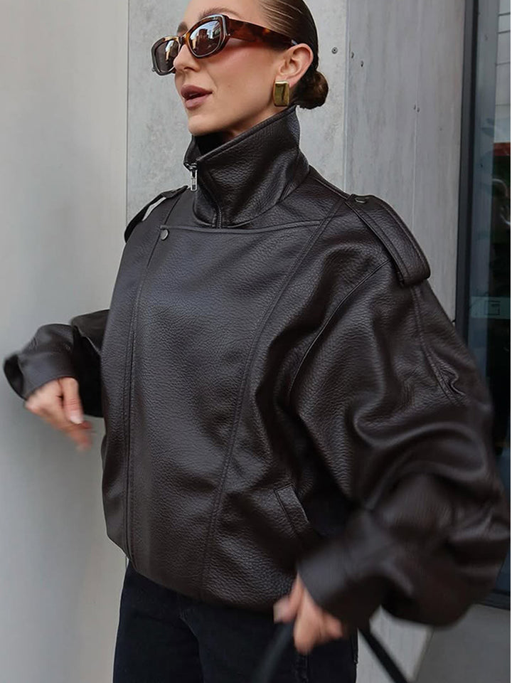Damen Oversized Kunstlederjacke mit hohem Kragen und voluminösen Ärmeln Drune