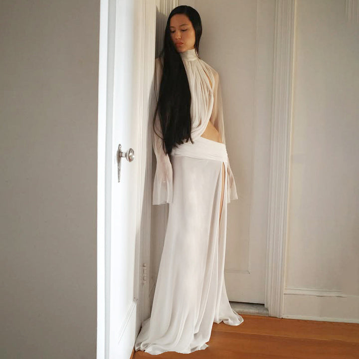 Damen elegantes Maxikleid mit durchscheinenden Ärmeln und seitlichem Schlitz Drune